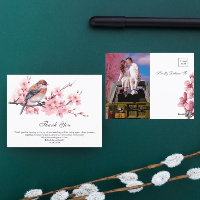 Watercolor Pink Cherry Blossom Wedding Vielen Dank Postkarte (Von Creator hochgeladen)