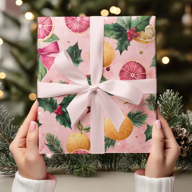 Watercolor Pink Citrus Christmas  Geschenkpapier (Von Creator hochgeladen)