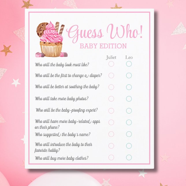 Watercolor Pink Cupcake Guess Who Baby Flyer (Von Creator hochgeladen)