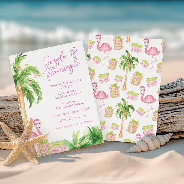 Watercolor Pink Flamingo Beach Weihnachtsfest Foto Einladung (Von Creator hochgeladen)