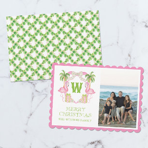 Watercolor Pink Flamingo Weihnachts Monogram Wappe Feiertagskarte