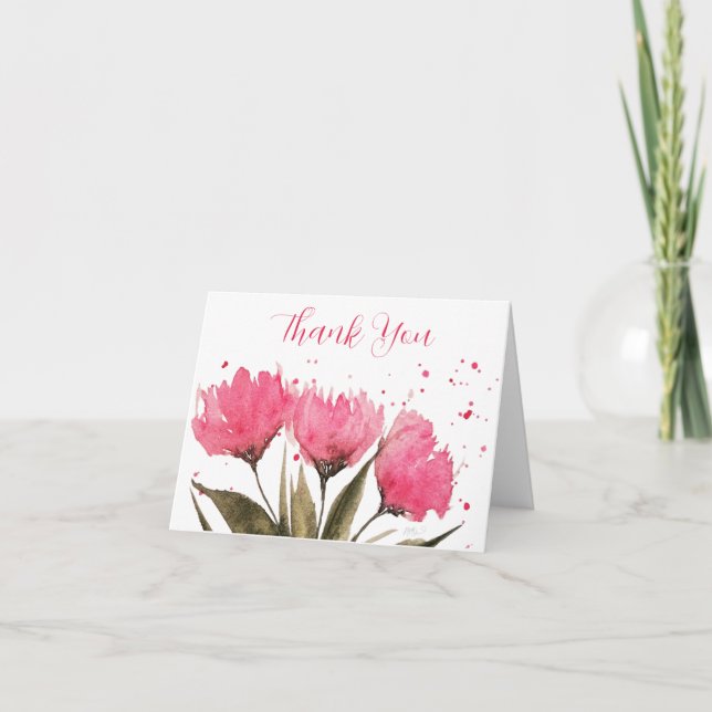 Watercolor Pink Floral Danke Karte (Vorderseite)