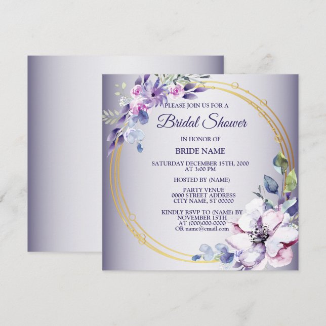 Watercolor Pink Floral Golden Purple Bridal Shower Einladung (Vorne/Hinten)