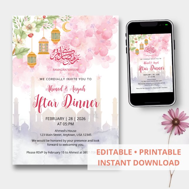 Watercolor Pink Floral Ramadan Iftar Dinner Einladung (Von Creator hochgeladen)