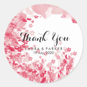 Watercolor Pink Floral Vielen Dank für Ihre Hochze Runder Aufkleber