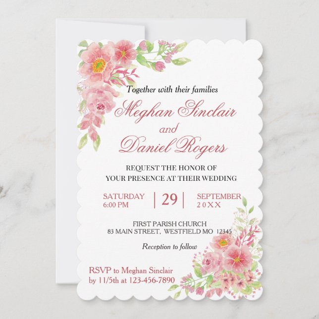 Watercolor Pink Floral Wedites Einladung (Vorderseite)