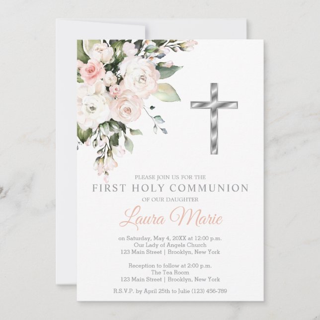 Watercolor Pink Florals First Holy Communion Einladung (Vorderseite)