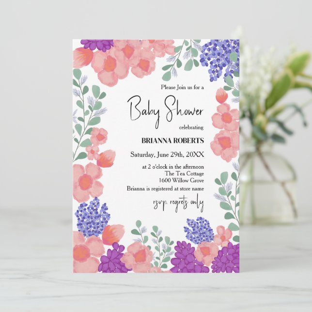 Watercolor Pink Flower Baby Shower Einladung (Stehend Vorderseite)