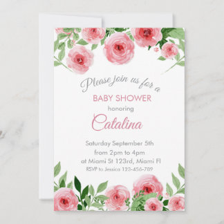 Watercolor Pink Flowers Baby Shower Invitation