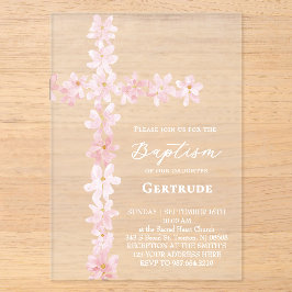 watercolor pink flowers cross Baptism Invitation