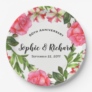 Watercolor Pink Flowers Wreath Circle Pappteller