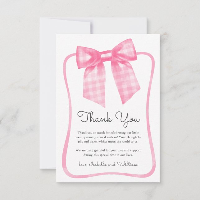 Watercolor Pink Gingham Bow Baby Shower Dankeskarte (Vorderseite)