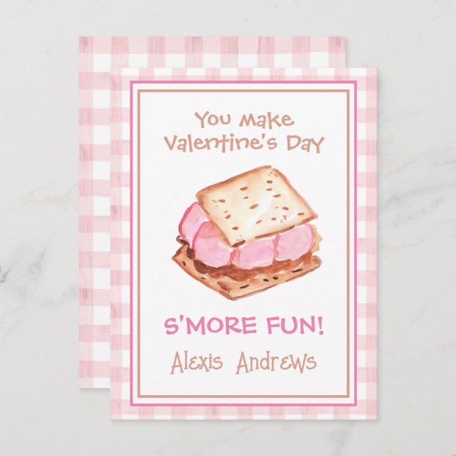Watercolor Pink Gingham S'mores Valentine's Cards Postkarte (Vorne/Hinten)