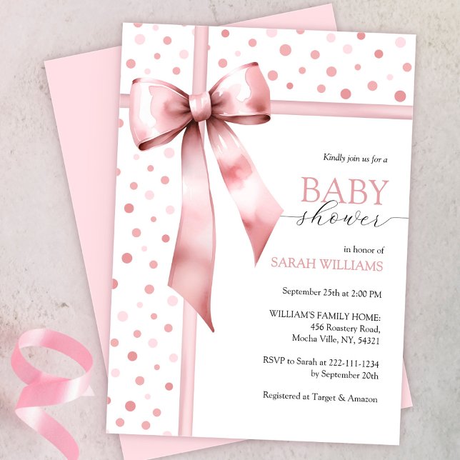 Watercolor Pink Girl Bow Babydusche Einladung (Von Creator hochgeladen)