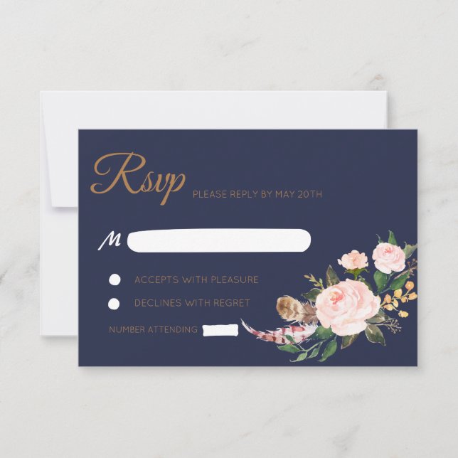 Watercolor Pink Gold Navy Boho Floral Wedding RSVP (Vorderseite)