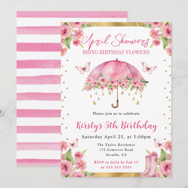Watercolor Pink Gold Spring Umbrett Kindergeburtst Einladung (Vorne/Hinten)