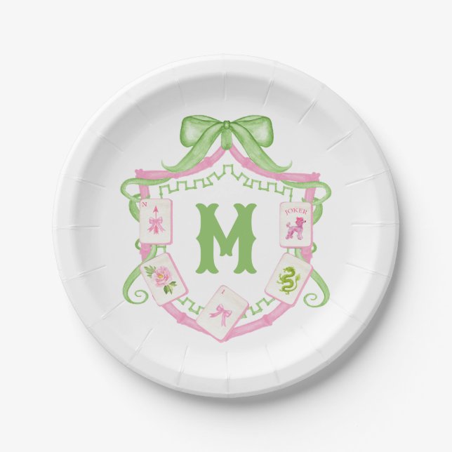 Watercolor Pink & Green Bow Mahjong Monogram Crest Pappteller (Vorderseite)