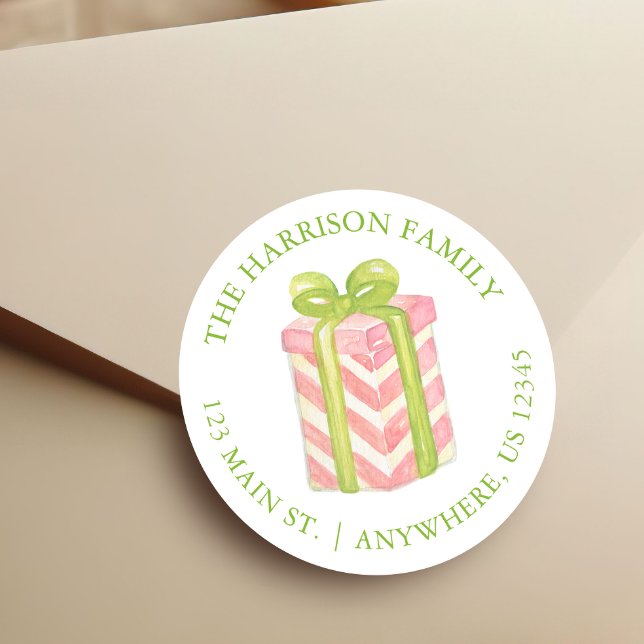 Watercolor Pink & Green Weihnachtsgeschenk Adresse Runder Aufkleber (Von Creator hochgeladen)