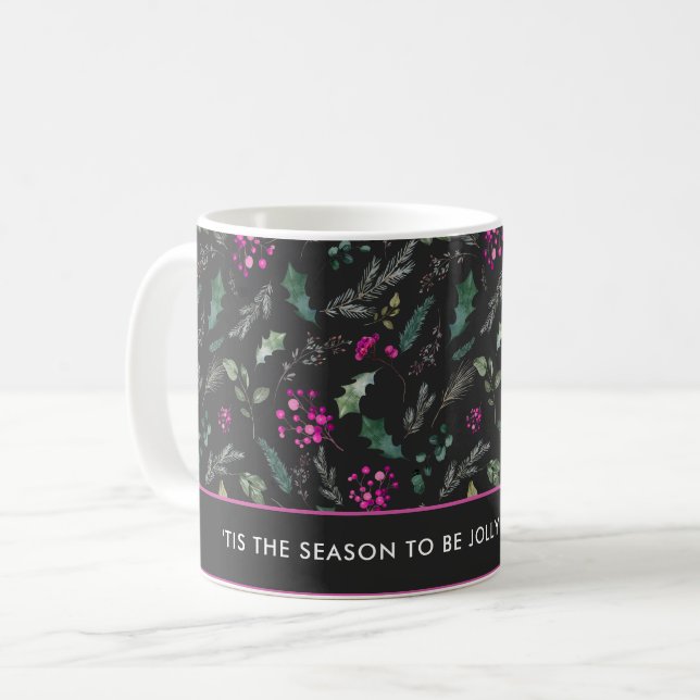 Watercolor Pink Holly Christmas Kaffeetasse (Vorderseite Links)
