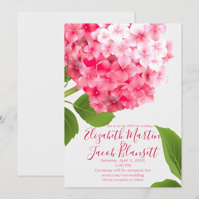 Watercolor Pink Hydrangea Virtual Wedding Einladung (Vorne/Hinten)