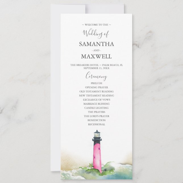 Watercolor Pink Lighthouse Programme de mariage (Devant)