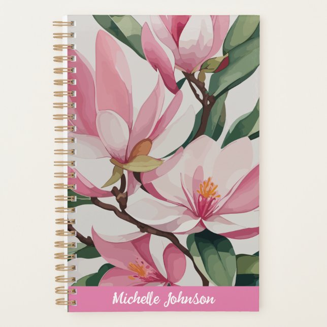 Watercolor Pink Magnolia Moderne Kunst, Dichtung u Planer (Vorderseite)