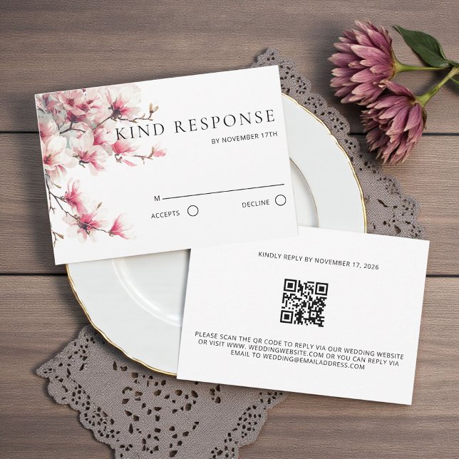 Watercolor Pink Magnolia QR Code Wedding  RSVP Karte (Von Creator hochgeladen)