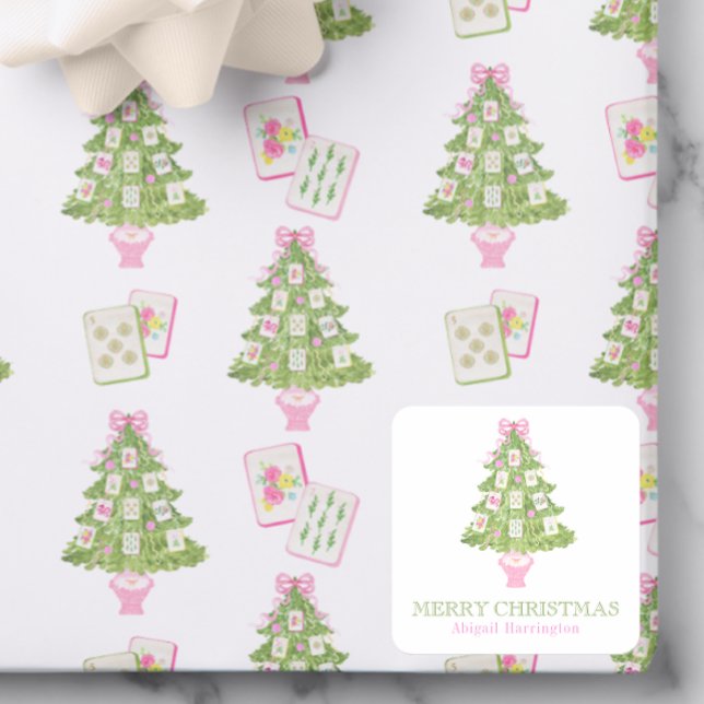 Watercolor Pink Mahjong Weihnachtsbaum Quadratischer Aufkleber (Von Creator hochgeladen)