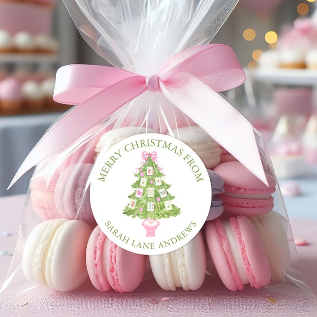 Watercolor Pink Mahjong Weihnachtsbaumgeschenk Runder Aufkleber (Von Creator hochgeladen)