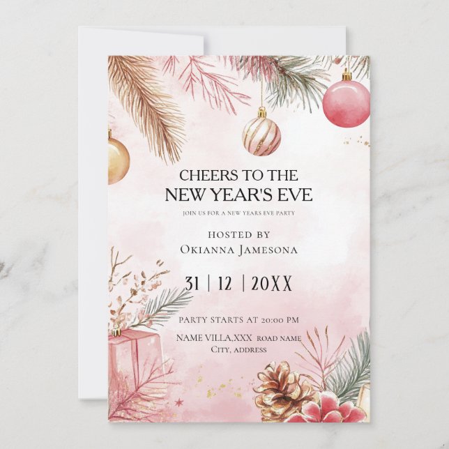 Watercolor Pink New Year's Eve Party  Einladung (Vorderseite)