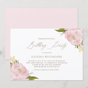 Watercolor Pink Peonies Invitation de fête d'anniv