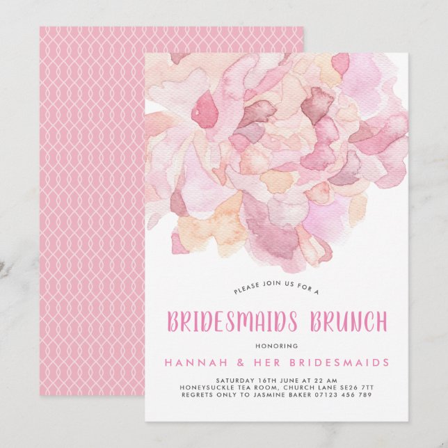 Watercolor Pink Peony Bridesmaids Brunch Einladung (Vorne/Hinten)