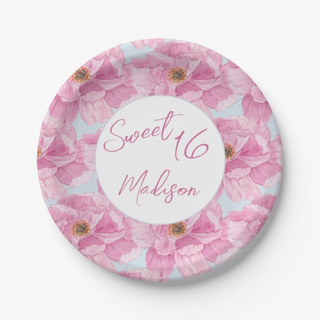 Watercolor Pink Peony Sweet 16 Party Pappteller (Vorderseite)