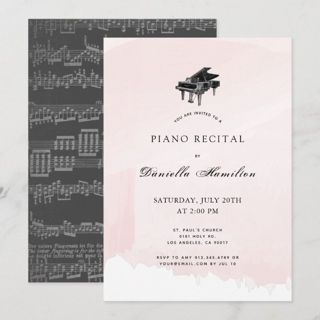 Watercolor Pink Piano Einladung (Vorne/Hinten)