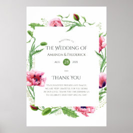 Watercolor Pink Poppies Wedding Willkommen Poster