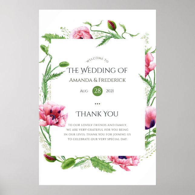 Watercolor Pink Poppies Wedding Willkommen Poster (Vorne)