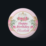 Watercolor Pink Pumpkin Gold Happy Birthday Button<br><div class="desc">Watercolor Pink Pumpkin Gold Glitter and Foil design with light pink background
Graphics by DigitalCurio on Etsy</div>