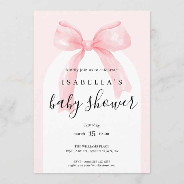 Watercolor Pink Ribbon Bow Baby Shower Einladung (Vorderseite)