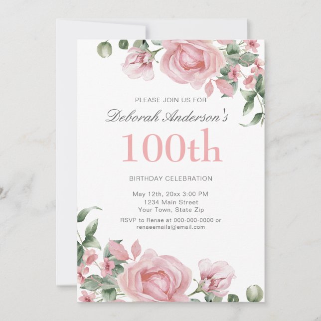 Watercolor PInk Rose 100th Birthday Party  Einladung (Vorderseite)