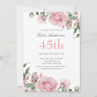 Watercolor PInk Rose 45th Birthday Party Einladung