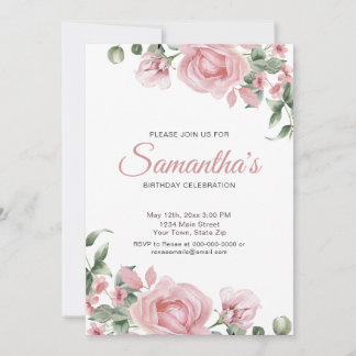 Watercolor PInk Rose Birthday Party Einladung