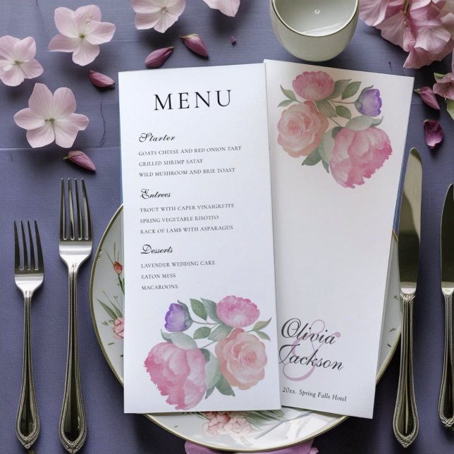  Watercolor Pink Rose & Peonie Wedding Menu (Créateur téléchargé)