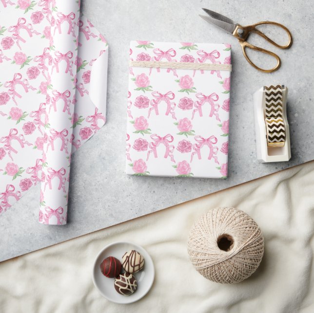 Watercolor Pink Roses & Bows Geschenkpapier (Kunsthandwerk)