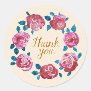 Watercolor Pink Roses Gold Letters Vielen Dank Runder Aufkleber
