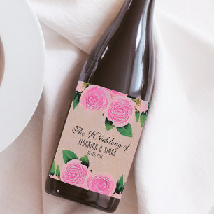 Watercolor Pink Roses Romantic Wedding Weinetikett
