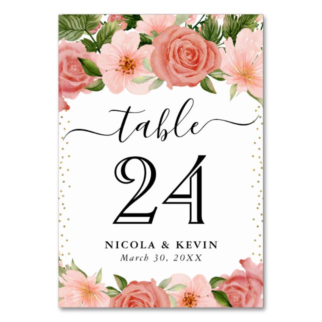 Watercolor Pink Roses Wedding Tischnummer (Vorderseite)