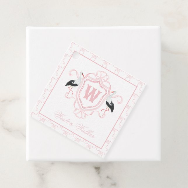 Watercolor Pink Stork Bow Monogram Crest Geschenkanhänger (Beispiel)