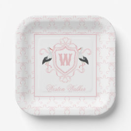 Watercolor Pink Stork Bow Monogram Crest Pappteller