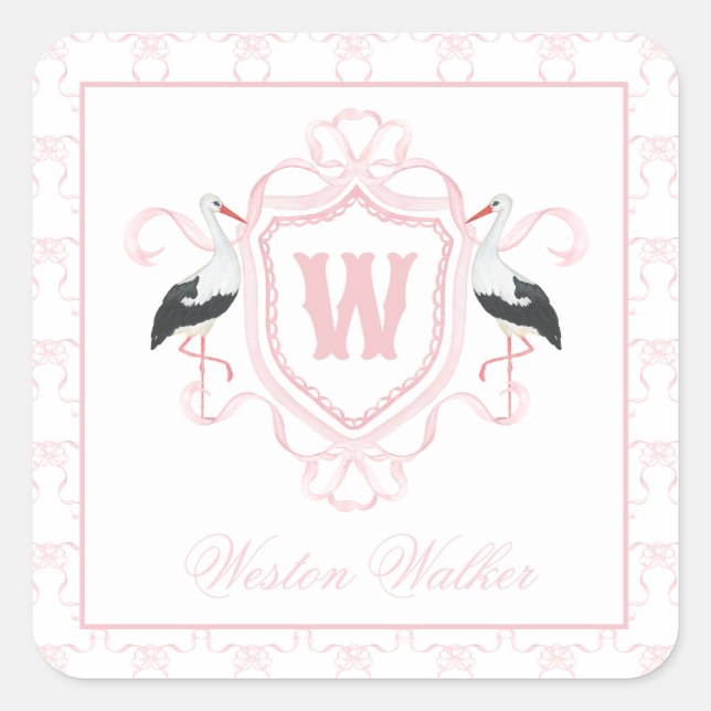 Watercolor Pink Stork Bow Monogram Crest Quadratischer Aufkleber (Vorderseite)