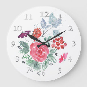 Watercolor pink turquoise bouquet große wanduhr
